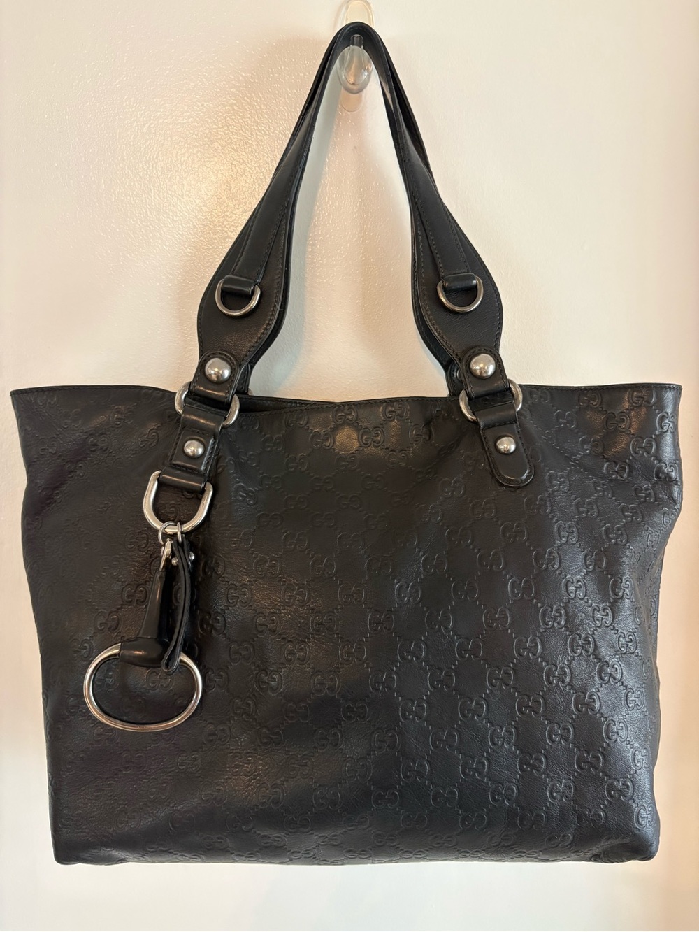 GUCCI  GUCCISSIMA Black Embossed Monogram Leather Icon Bit Large Soft Tote BAG!
